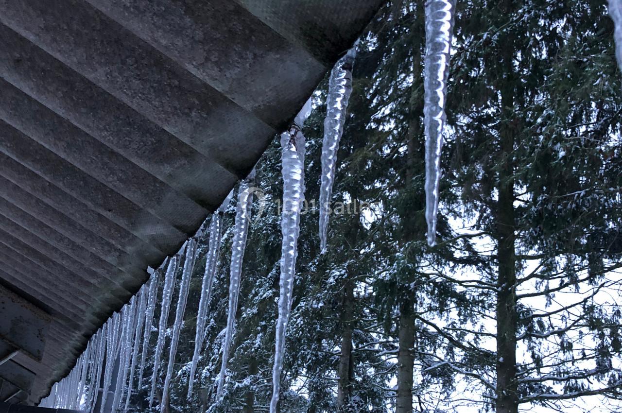 Glaçons suspendus sous un toit incliné, avec des arbres enneigés en arrière-plan.