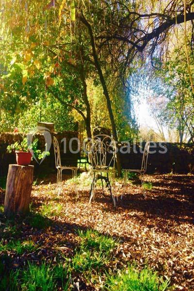 Chaises en fer forgé disposées dans un jardin ombragé, entourées de feuilles mortes et de végétation automnale.