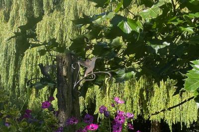 Salle de réception décorée avec des tables dressées, nappes blanches, chaises ajourées et compositions florales.