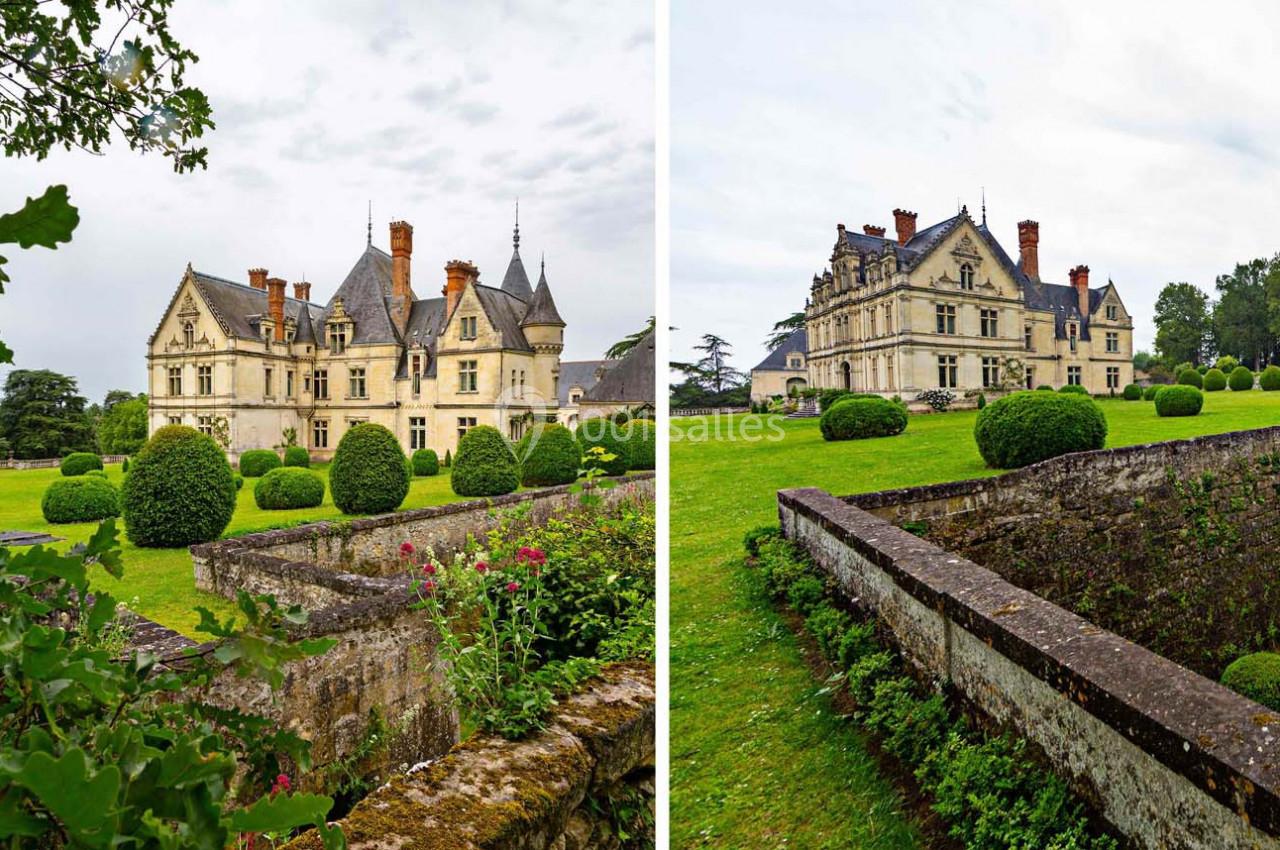 Deux vues d'un château entouré de jardins verdoyants et de buissons taillés, sous un ciel légèrement nuageux.