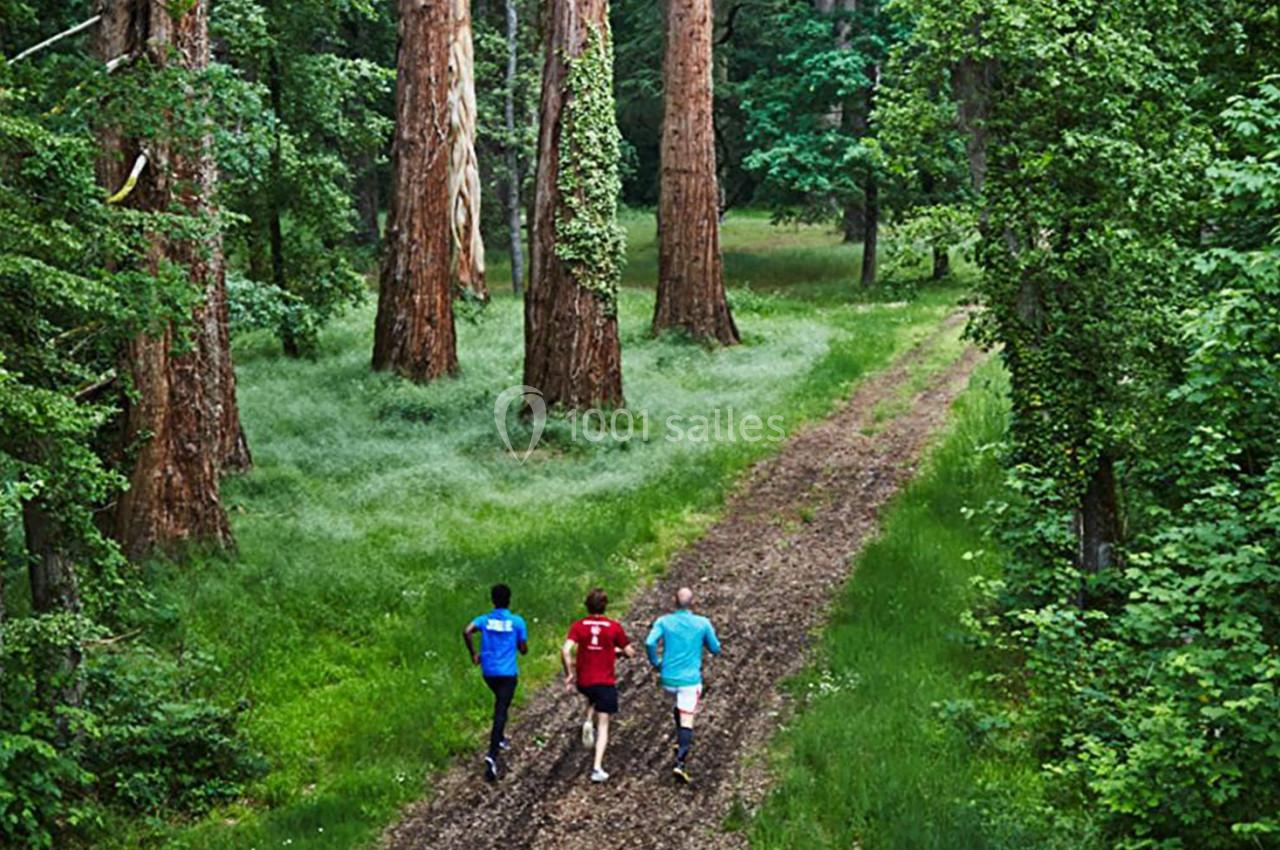 Trois personnes courent sur un chemin forestier entouré de grands arbres et de verdure dense.