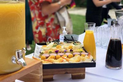 Assortiment de bouchées gastronomiques sur une planche en bois, incluant tartes aux légumes et poissons garnis.