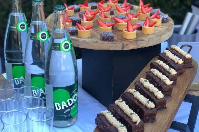 Assortiment de bouchées gastronomiques sur une planche en bois, incluant tartes aux légumes et poissons garnis.