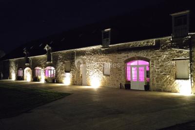 Canapé doré avec assise blanche devant un décor floral et un rideau blanc, éclairé par des appliques murales.
