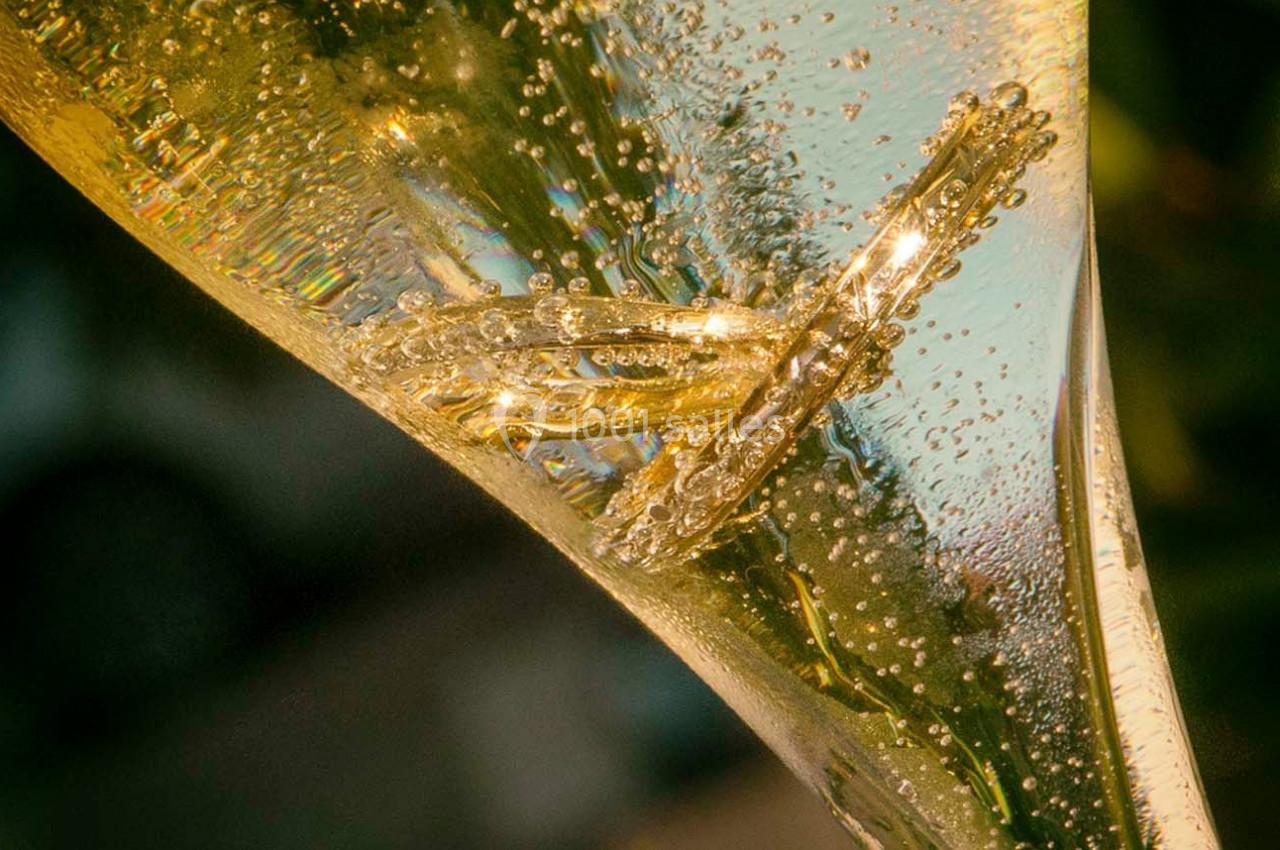 Deux alliances dorées plongées dans une flûte de champagne pétillant.