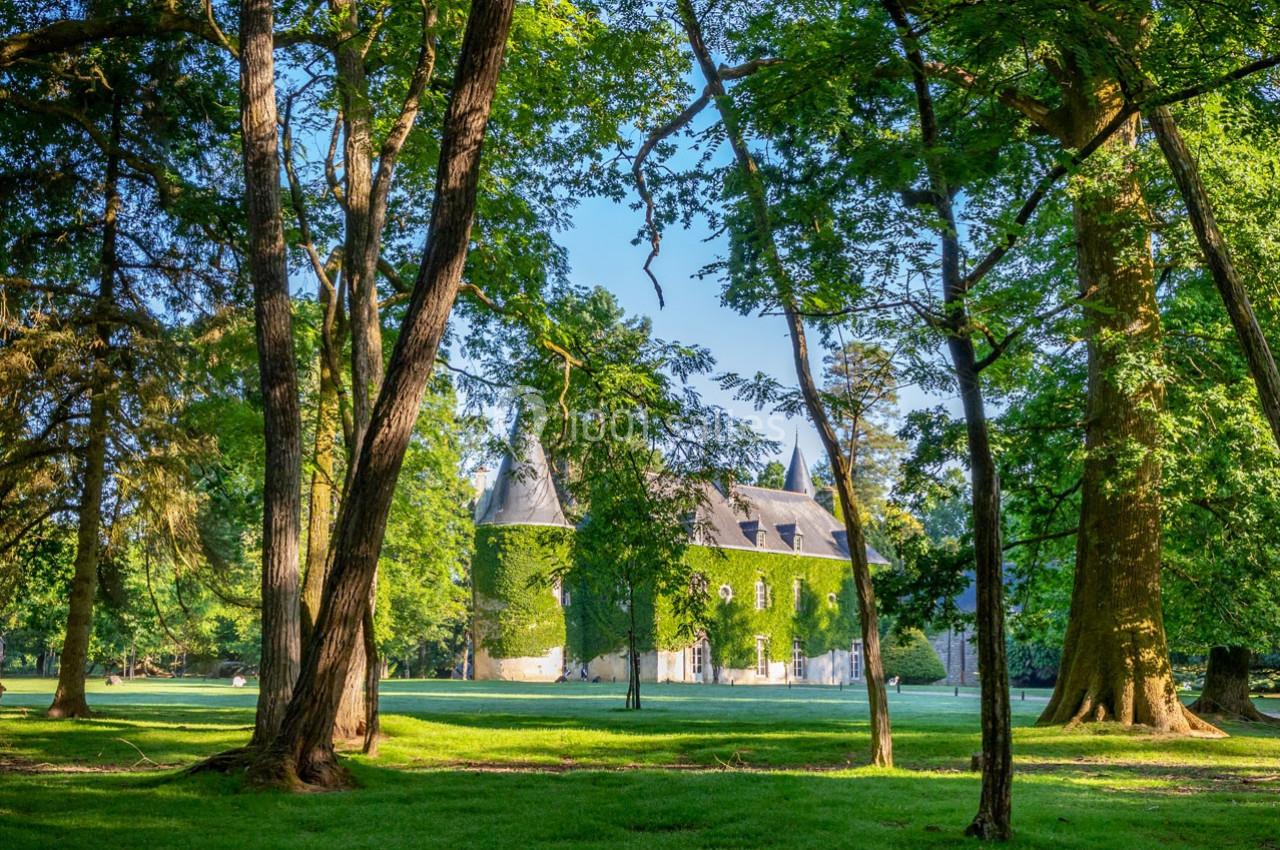 Château couvert de lierre entouré d'arbres dans un parc verdoyant sous un ciel bleu.