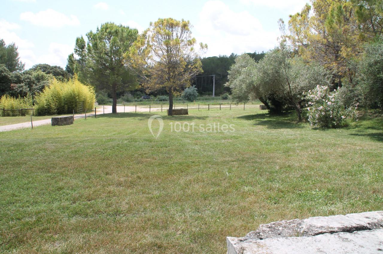 Pelouse verdoyante entourée d'arbres et d'arbustes, avec un chemin en arrière-plan sous un ciel partiellement nuageux.