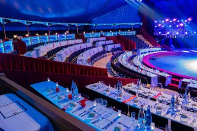 Miniature Location salle Annecy (Haute-Savoie) - Chapiteaux Arlette Gruss - Annecy #11 Vue aérienne d'un grand chapiteau blanc entouré d'arbres et de bâtiments dans un espace urbain.