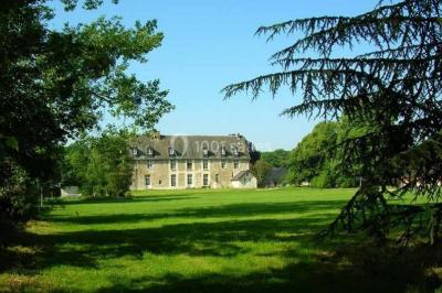 Voiture ancienne noire décorée de fleurs, stationnée sur une allée pavée dans un cadre champêtre.