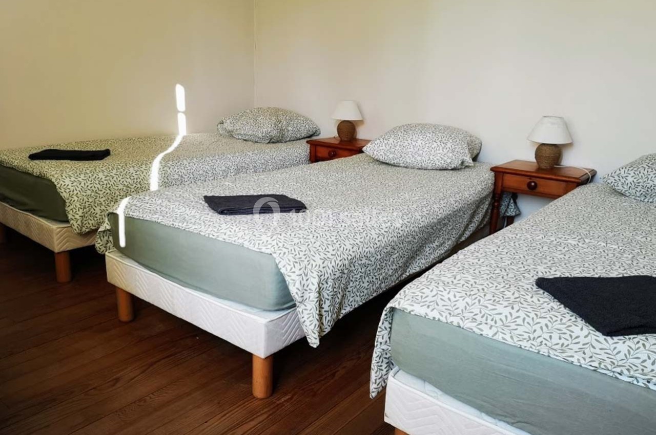 Trois lits simples avec draps à motifs, deux tables de chevet en bois et lampes, dans une chambre lumineuse.