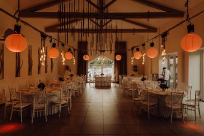 Chambre d'hôtel moderne avec lit double, murs verts, salle de bain attenante et mobilier contemporain.