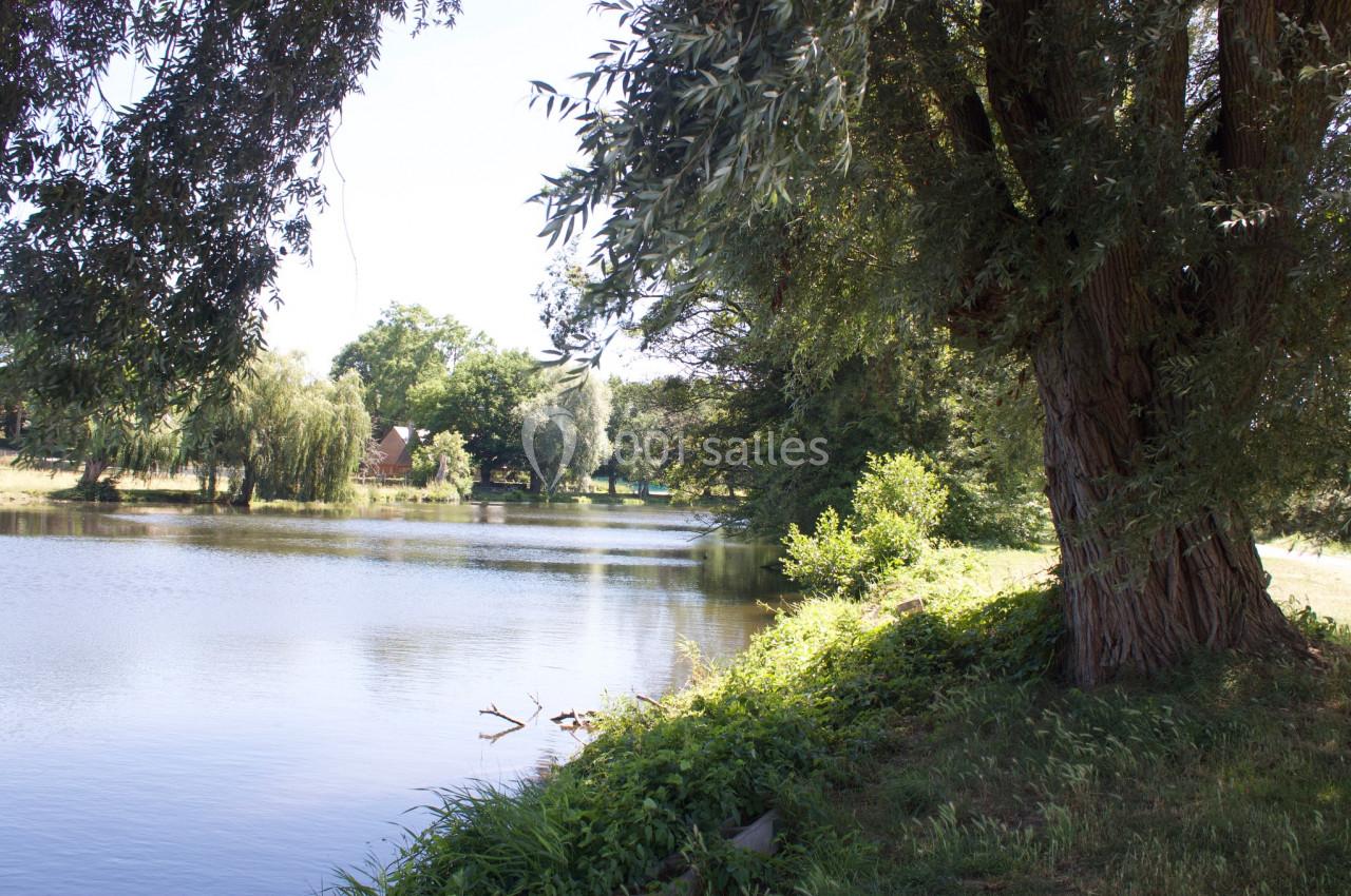 Vue d'un lac bordé d'arbres et de végétation sous un ciel dégagé.