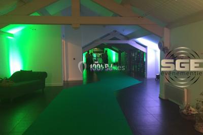 Façade en pierre éclairée par des lumières violettes, avec une porte voûtée et un sol en dalles.