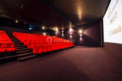 Façade vitrée d'un cinéma moderne sous un ciel bleu, avec trottoir et bâtiments en arrière-plan.