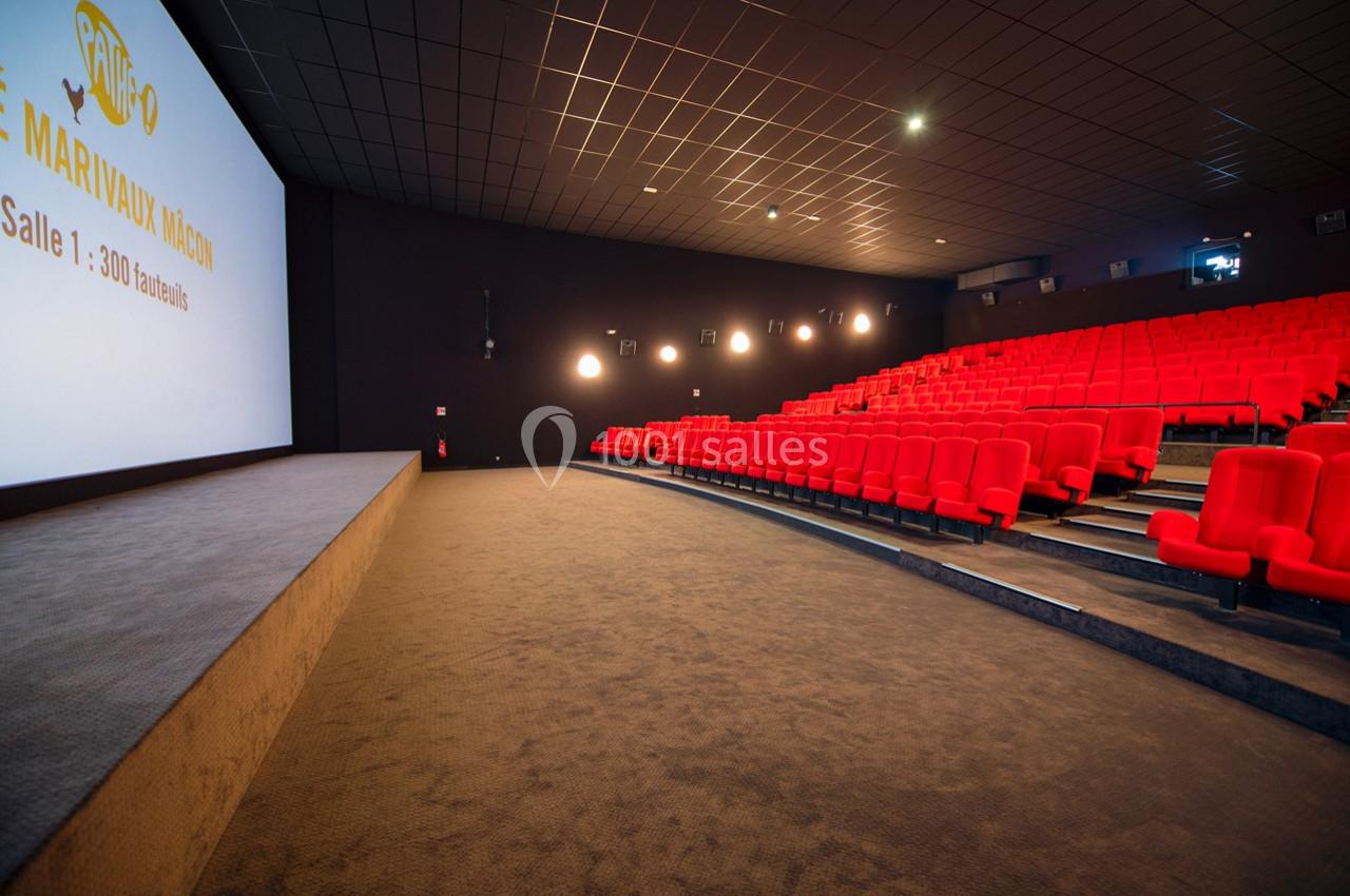 Salle de cinéma vide avec des rangées de fauteuils rouges et un écran blanc sur la gauche.