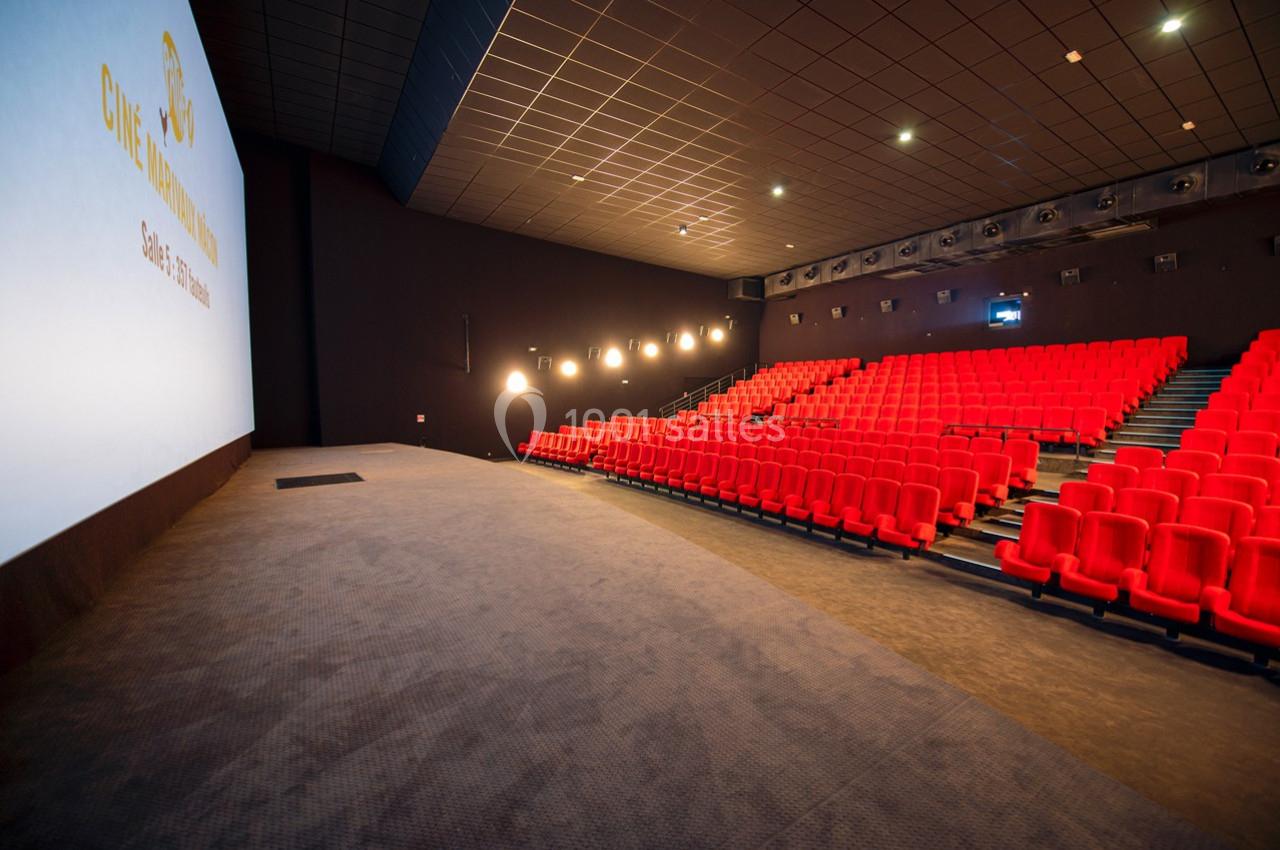 Salle de cinéma vide avec des rangées de sièges rouges et un grand écran blanc sur la gauche.