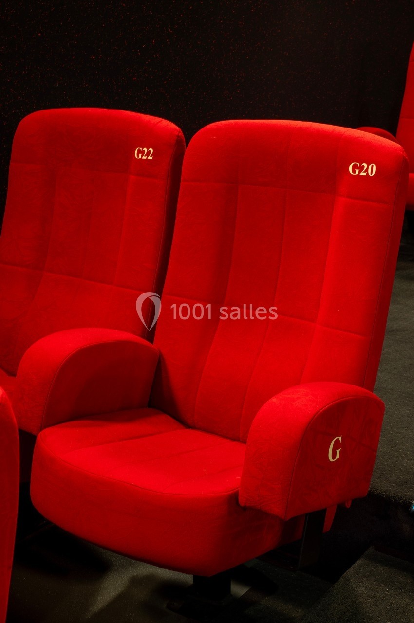 Deux sièges de cinéma rouges numérotés G20 et G22, avec accoudoirs, sur un sol sombre.