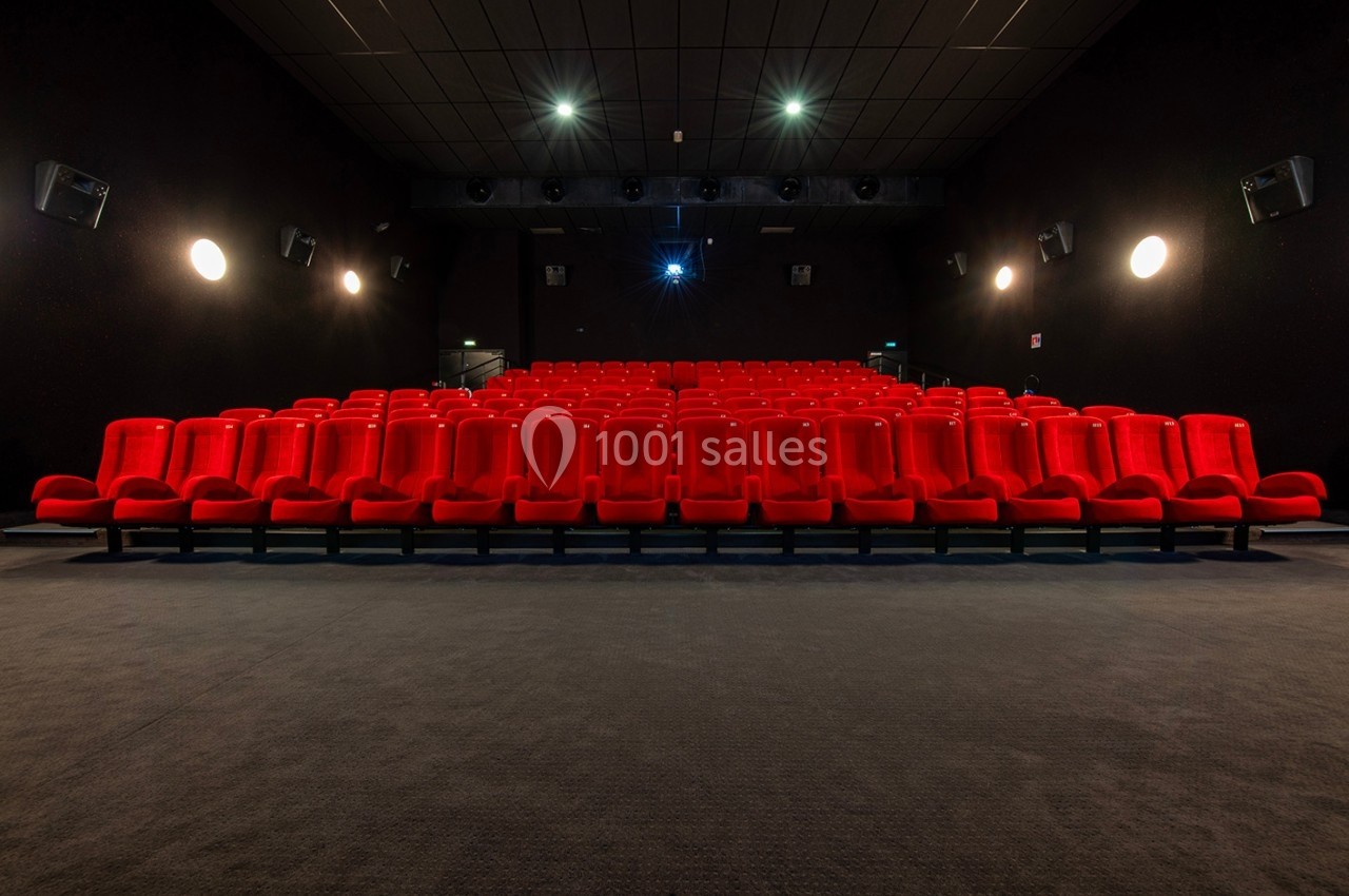 Salle de cinéma vide avec des rangées de fauteuils rouges alignés face à un écran hors champ.