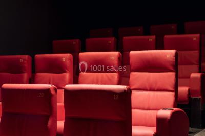 Façade d'un cinéma moderne avec enseigne IMAX, éclairée en soirée, entourée de végétation et d'un parking.