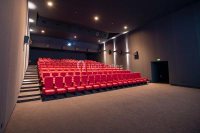 Façade d'un cinéma moderne avec enseigne IMAX, éclairée en soirée, entourée de végétation et d'un parking.