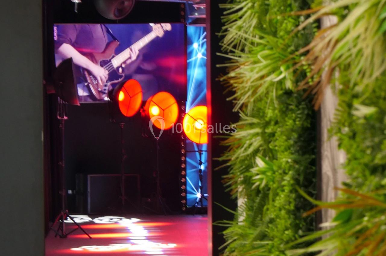 Vue partielle d'une scène avec un écran montrant un bassiste, des projecteurs rouges et un mur végétal au premier plan.