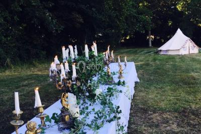 Portail en fer forgé ouvert sur un chemin verdoyant bordé d'arbres et de fleurs sauvages.