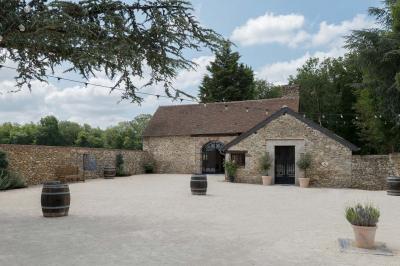Terrasse extérieure avec pergola en bois, tables et chaises sur sol gravillonné, près d'un mur en pierre et d'un arbre.