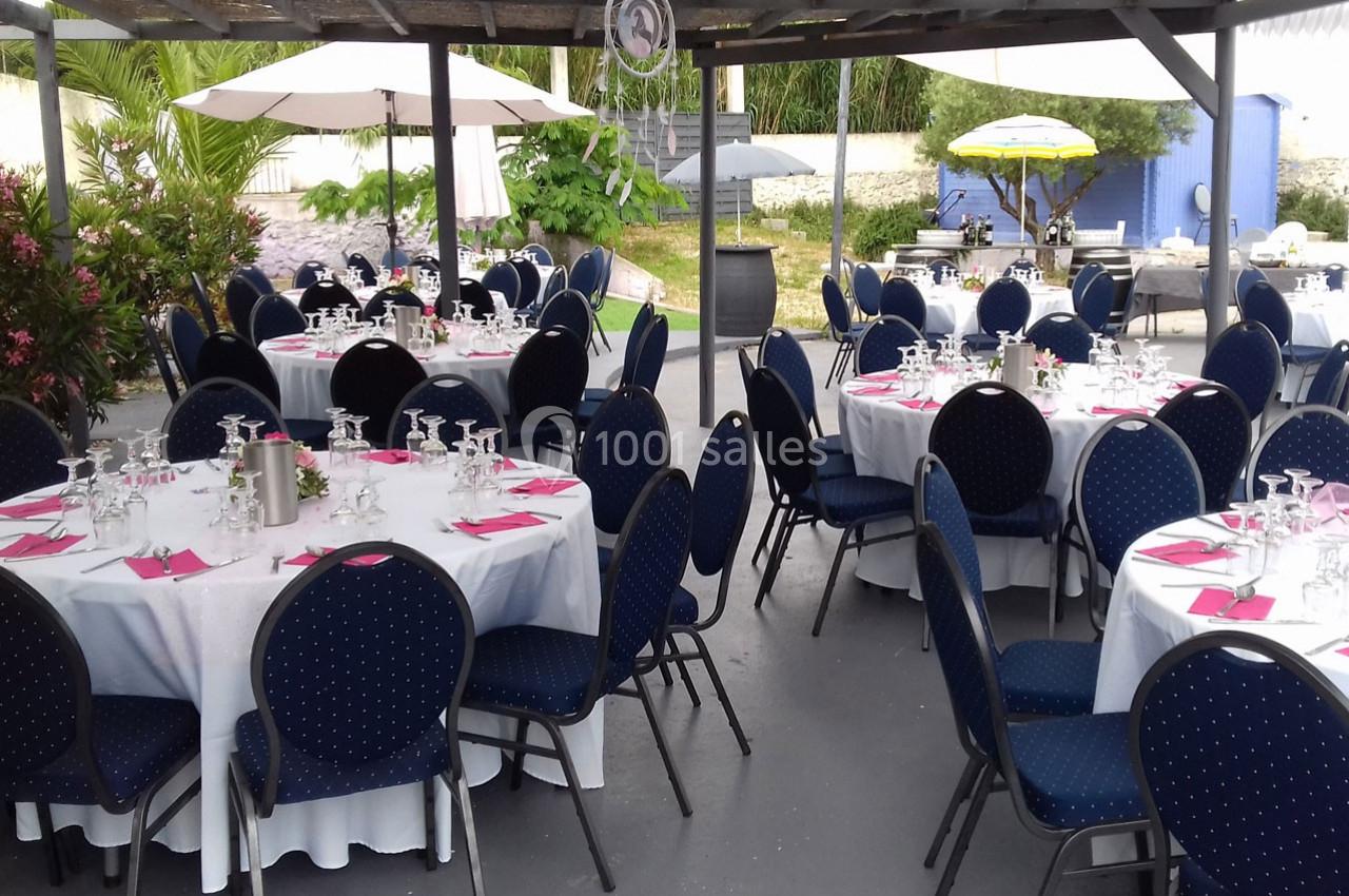 Salle extérieure aménagée avec des tables rondes dressées, nappes blanches, serviettes roses et chaises bleues.