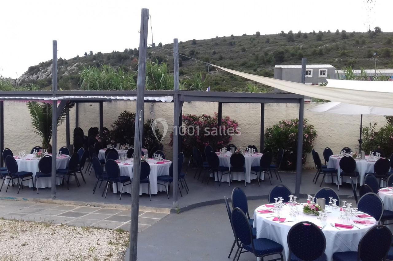 Tables rondes dressées avec nappes blanches et chaises bleues, disposées en extérieur sous des pergolas près d'un jardin.
