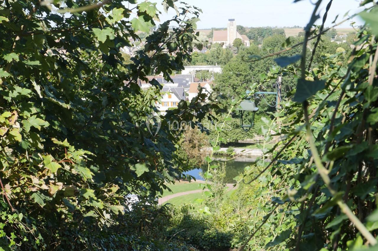 Vue d'un paysage verdoyant avec des arbres encadrant une petite ville et une tour en arrière-plan.