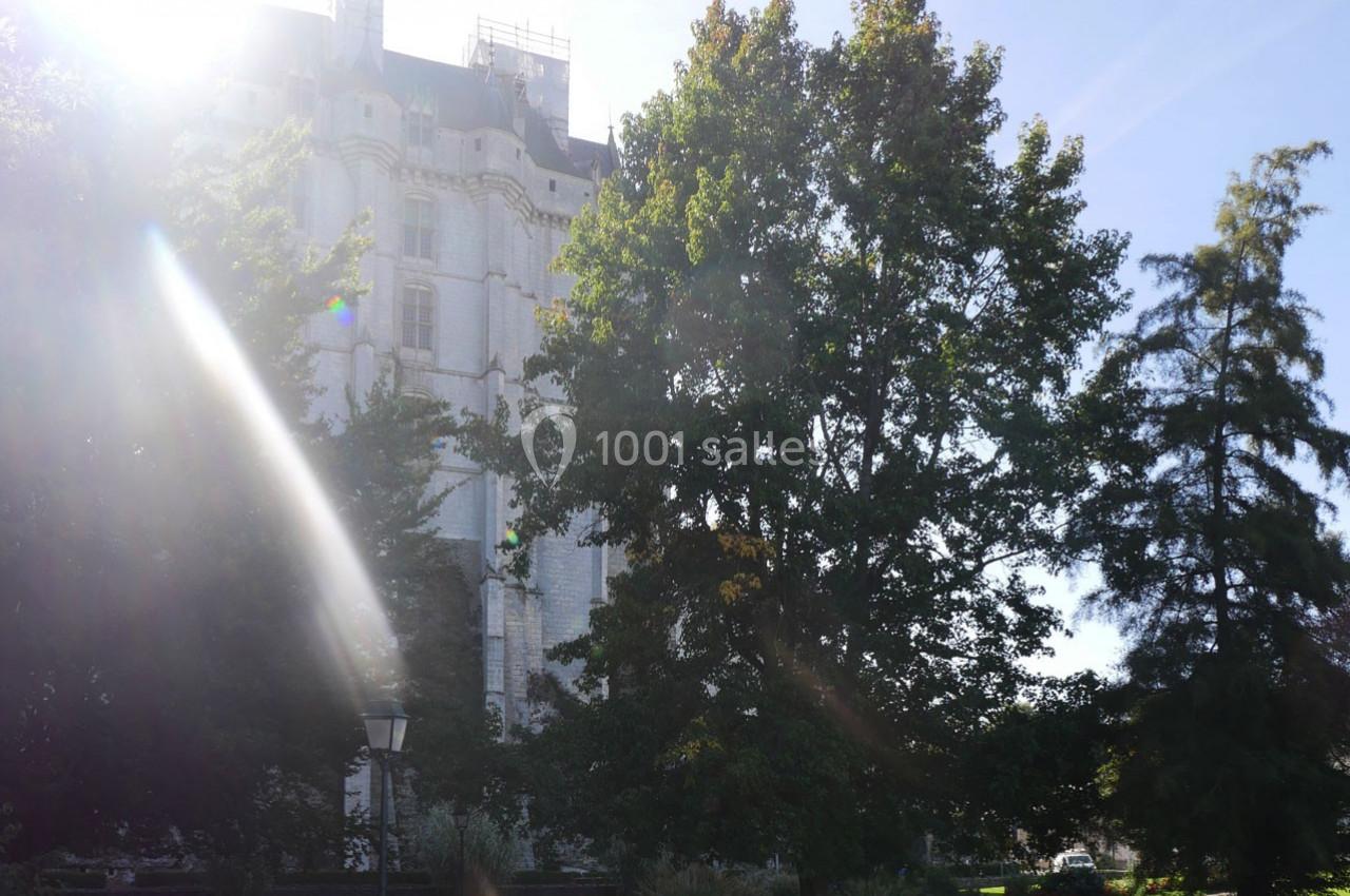 Façade d'un bâtiment historique partiellement caché par des arbres, avec une lumière solaire traversant les feuillages.