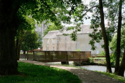 Étang bordé d'arbres avec des nénuphars à la surface et un petit pont en pierre sur la droite.