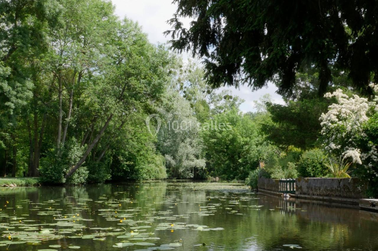 Étang bordé d'arbres avec des nénuphars à la surface et un petit pont en pierre sur la droite.