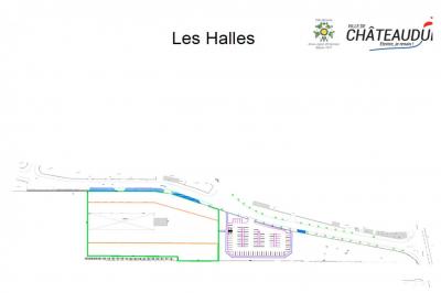 Plan d'aménagement des Halles de Châteaudun avec zones délimitées, parkings et infrastructures environnantes.
