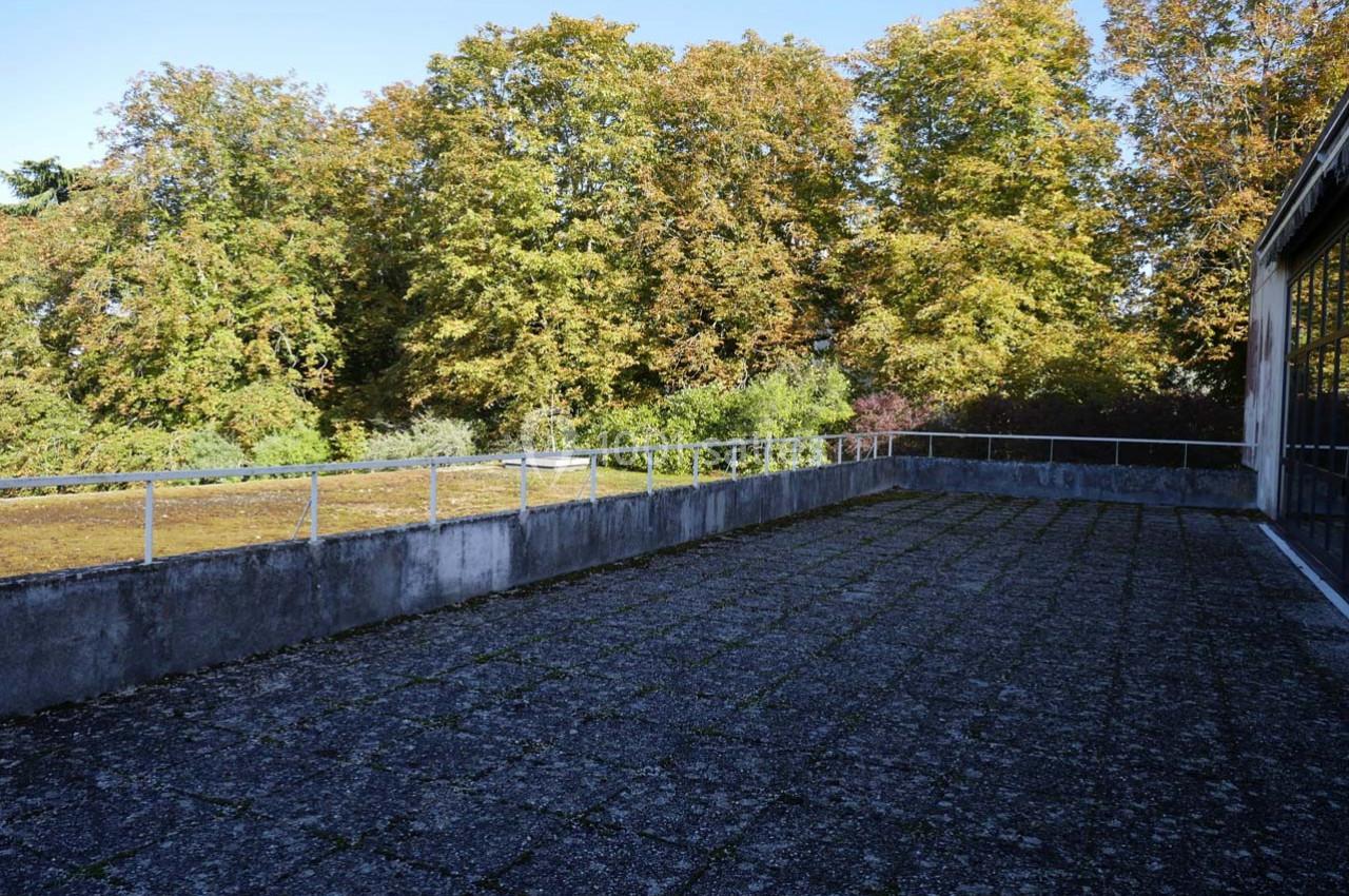 Terrasse en béton avec garde-corps métalliques, entourée d'arbres aux feuillages verts et jaunes sous un ciel dégagé.