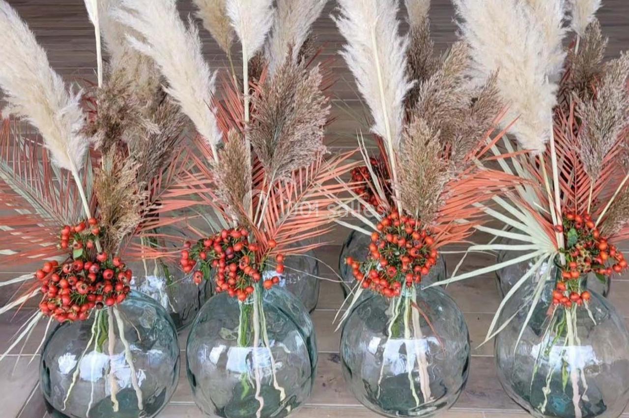 Vases en verre transparent contenant des bouquets de graminées, feuilles séchées et baies rouges.