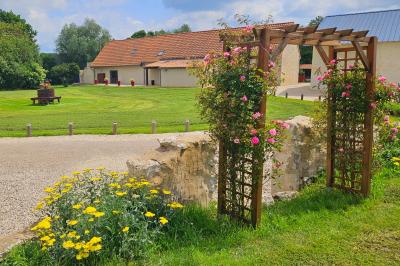 Bouquet de fleurs blanches et vertes au premier plan, avec des chaises disposées en extérieur sous un grand arbre.