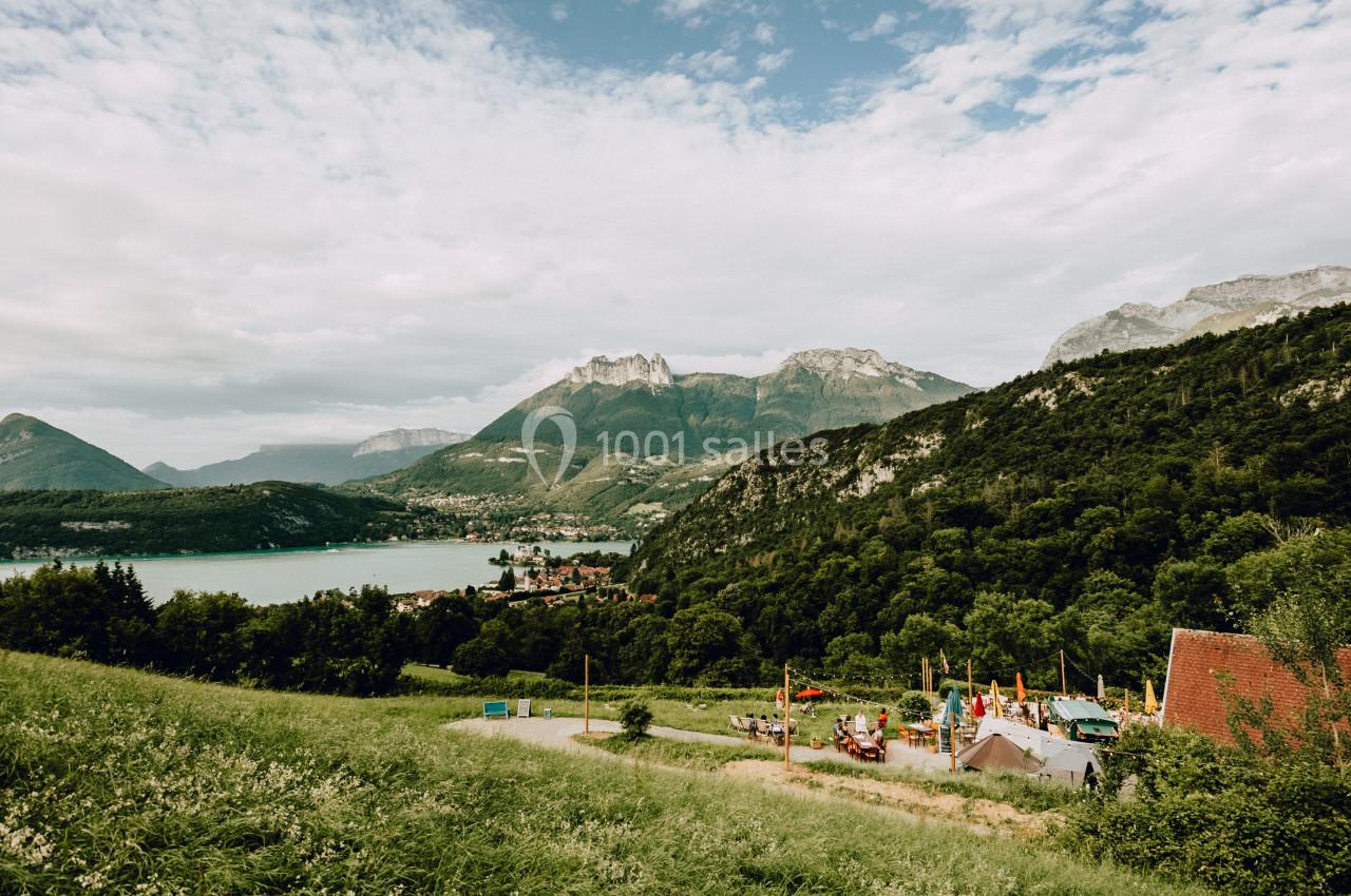 Paysage de montagne avec un lac entouré de collines verdoyantes, quelques maisons et un ciel partiellement nuageux.