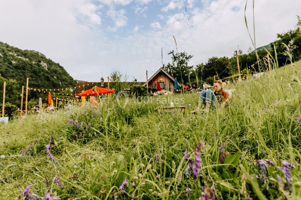 Prairie verdoyante avec des fleurs violettes, des tables de pique-nique, des parasols rouges et des collines en arrière-plan.