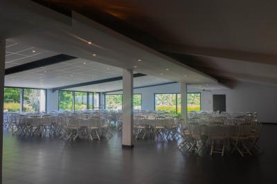 Salon avec fauteuils en cuir, table basse en bois, plante verte, bibliothèque et tableau sur un mur lambrissé.