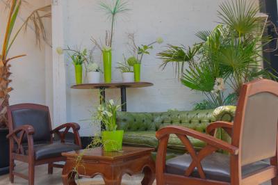 Salon avec fauteuils en cuir, table basse en bois, plante verte, bibliothèque et tableau sur un mur lambrissé.