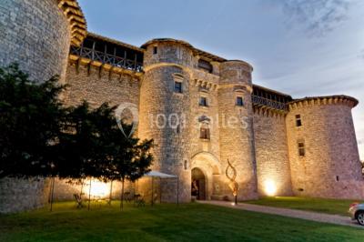 Vue aérienne d'un bâtiment historique entouré de jardins, de vignes et de maisons dans un paysage rural.
