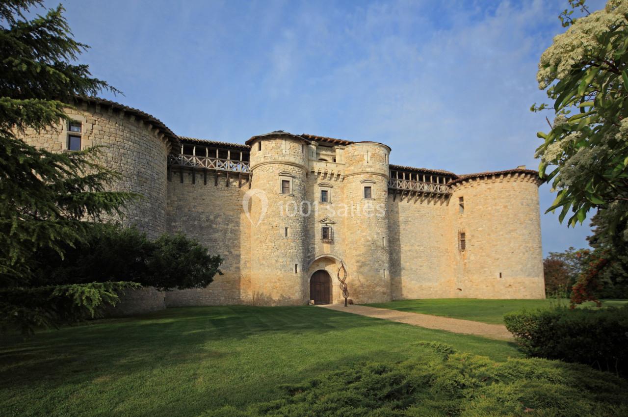 Château médiéval en pierre avec tours rondes, entouré de pelouse et d'arbres sous un ciel partiellement dégagé.