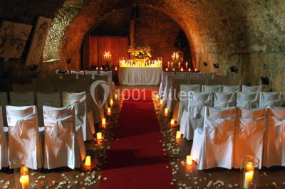 Vue aérienne d'un bâtiment historique entouré de jardins, de vignes et de maisons dans un paysage rural.