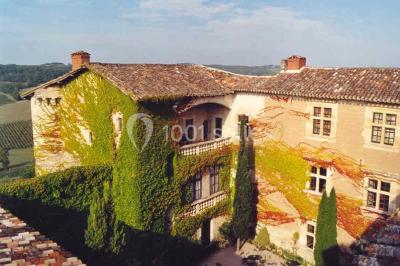 Vue aérienne d'un bâtiment historique entouré de jardins, de vignes et de maisons dans un paysage rural.