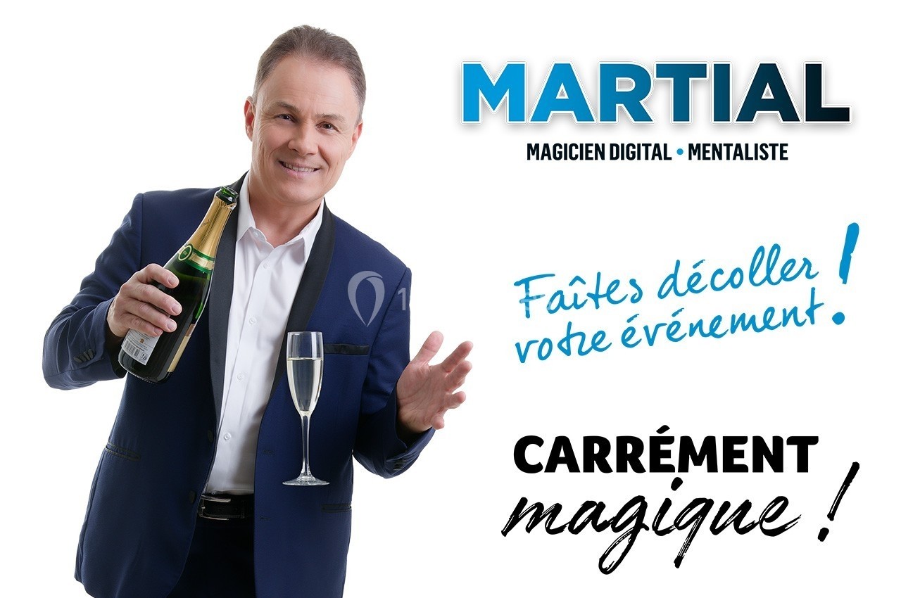 Homme en costume tenant une bouteille de champagne et un verre, accompagné de textes promotionnels.