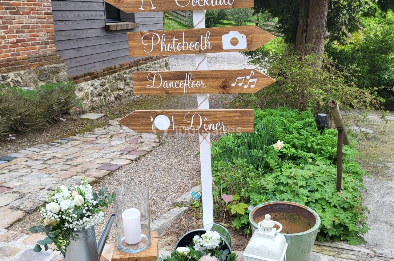 Panneau en bois indiquant les étapes d'un événement, entouré de décorations florales et de lanternes.