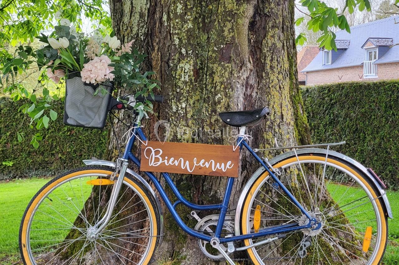 Vélo bleu appuyé contre un arbre, avec un panneau ’Bienvenue’ et un panier rempli de fleurs.