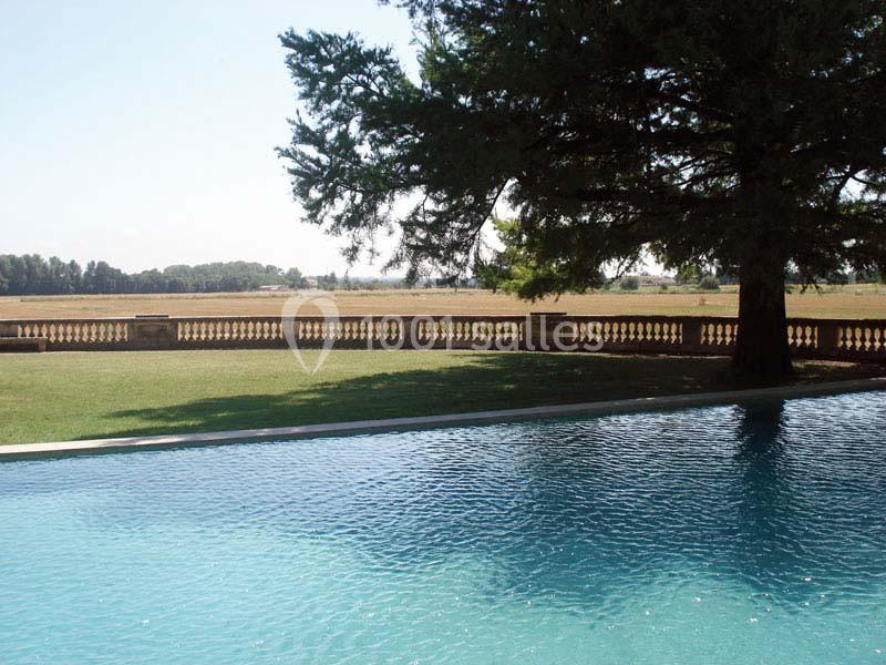 Piscine extérieure bordée d'une pelouse, avec une balustrade en pierre et un paysage champêtre en arrière-plan.