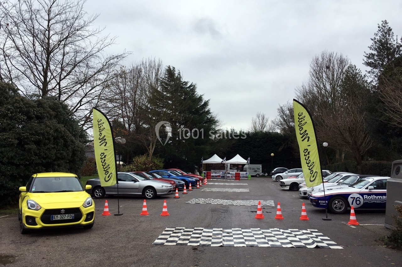 Rangée de voitures exposées sur un parking avec des drapeaux publicitaires et un stand en arrière-plan.